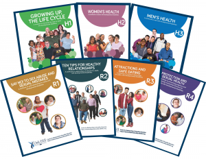 Covers of seven workbooks, multiple colors, smiling people of all ages and genders
